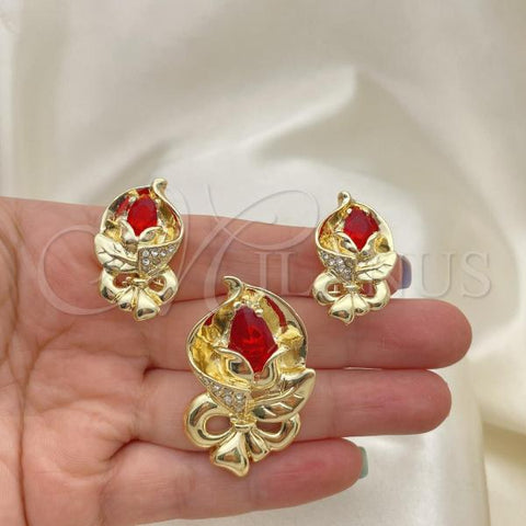 Oro Laminado Earring and Pendant Adult Set, Gold Filled Style Bow and Flower Design, with Garnet Crystal and White Cubic Zirconia, Polished, Golden Finish, 10.59.0193.2