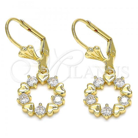 Oro Laminado Dangle Earring, Gold Filled Style Heart Design, with White Cubic Zirconia, Polished, Golden Finish, 02.210.0442