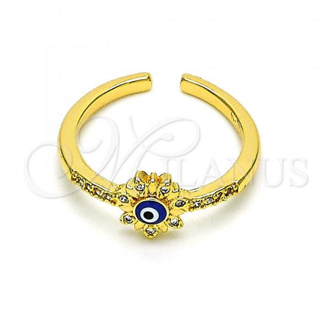 Oro Laminado Multi Stone Ring, Gold Filled Style Evil Eye and Flower Design, with White Micro Pave, Blue Enamel Finish, Golden Finish, 01.310.0016