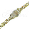 Oro Laminado Fancy Bracelet, Gold Filled Style Guadalupe and Flower Design, Diamond Cutting Finish, Tricolor, 03.351.0147.08