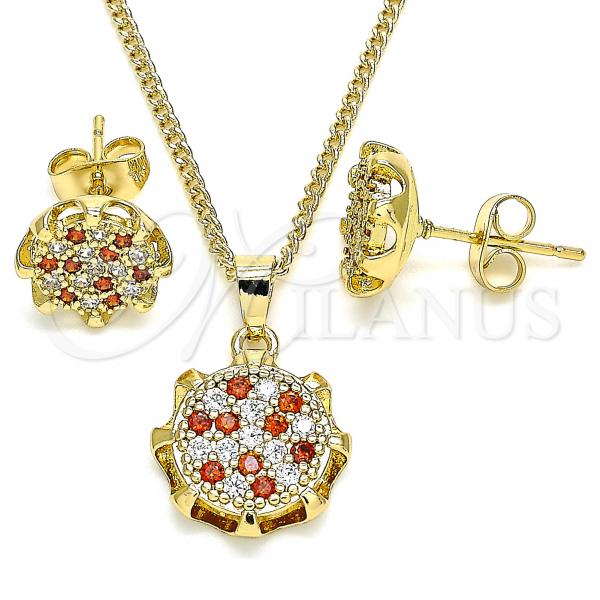 Oro Laminado Earring and Pendant Adult Set, Gold Filled Style with Garnet and White Micro Pave, Polished, Golden Finish, 10.344.0012.1