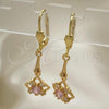 Oro Laminado Long Earring, Gold Filled Style with Pink and White Cubic Zirconia, Polished, Golden Finish, 02.387.0048