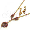 Oro Laminado Necklace and Earring, Gold Filled Style Teardrop Design, with Garnet and White Cubic Zirconia, Polished, Golden Finish, 06.221.0009.1