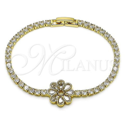 Oro Laminado Fancy Bracelet, Gold Filled Style Flower Design, with White Cubic Zirconia, Polished, Golden Finish, 03.283.0440.07