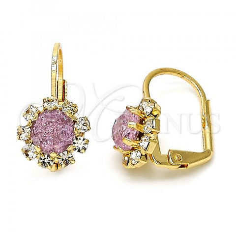 Oro Laminado Leverback Earring, Gold Filled Style Flower Design, with Pink and White Crystal, Polished, Golden Finish, 02.122.0085