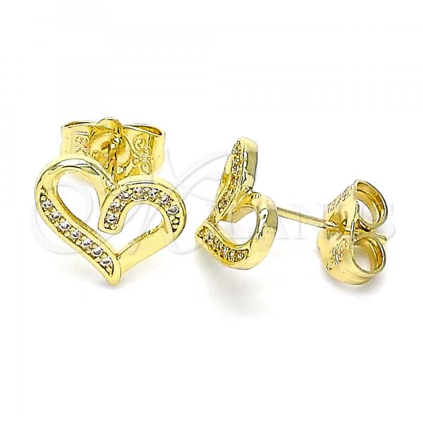 Oro Laminado Stud Earring, Gold Filled Style Heart Design, with White Micro Pave, Polished, Golden Finish, 02.156.0621