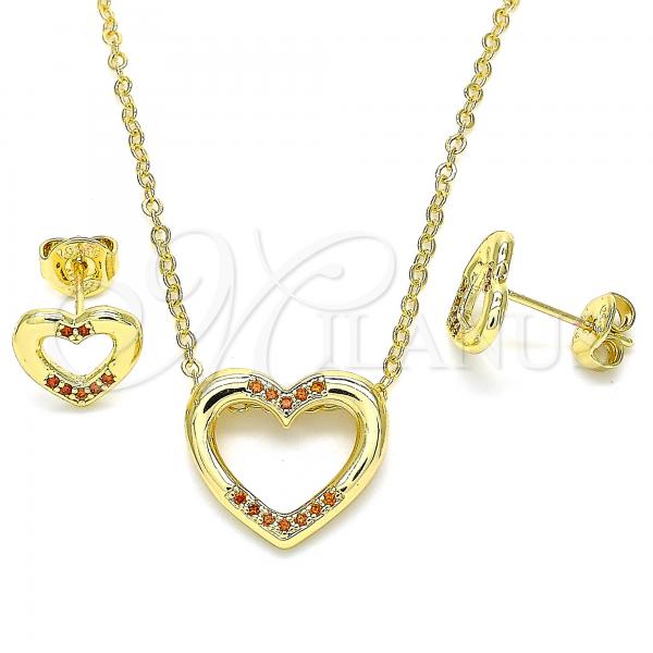 Oro Laminado Earring and Pendant Adult Set, Gold Filled Style Heart Design, with Garnet Micro Pave, Polished, Golden Finish, 10.156.0146.2