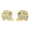 Oro Laminado Stud Earring, Gold Filled Style Elephant Design, with White and Black Micro Pave, Polished, Golden Finish, 02.210.0355