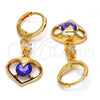 Oro Laminado Long Earring, Gold Filled Style Heart Design, with Amethyst and White Cubic Zirconia, Polished, Golden Finish, 02.217.0063.3