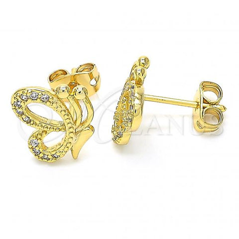 Oro Laminado Stud Earring, Gold Filled Style Butterfly Design, with White Cubic Zirconia, Polished, Golden Finish, 02.156.0387