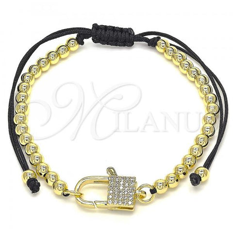 Oro Laminado Adjustable Bolo Bracelet, Gold Filled Style Lock and Ball Design, with White Micro Pave, Polished, Golden Finish, 03.341.0085.11