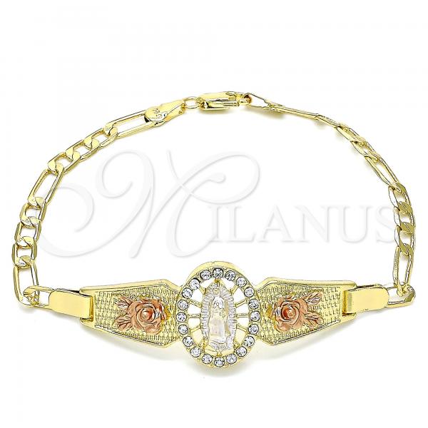 Oro Laminado Fancy Bracelet, Gold Filled Style Guadalupe and Flower Design, with White Crystal, Polished, Tricolor, 03.380.0085.08
