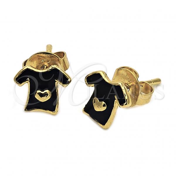 Oro Laminado Stud Earring, Gold Filled Style Heart Design, Black Enamel Finish, Golden Finish, 5.126.007 *PROMO*