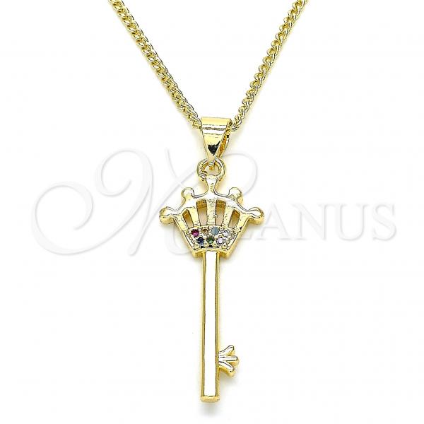 Oro Laminado Pendant Necklace, Gold Filled Style key and Crown Design, with Multicolor Micro Pave, Polished, Golden Finish, 04.344.0015.2.20