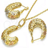 Oro Laminado Earring and Pendant Adult Set, Gold Filled Style Chunky Design, Polished, Tricolor, 10.163.0007.1
