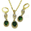 Oro Laminado Earring and Pendant Adult Set, Gold Filled Style Teardrop Design, with Green and White Cubic Zirconia, Polished, Golden Finish, 10.196.0082