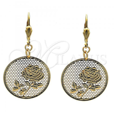 Oro Laminado Dangle Earring, Gold Filled Style Flower Design, Polished, Golden Finish, 69.012
