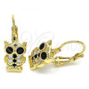 Oro Laminado Leverback Earring, Gold Filled Style Owl Design, with Black and White Micro Pave, Polished, Golden Finish, 02.210.0380.2