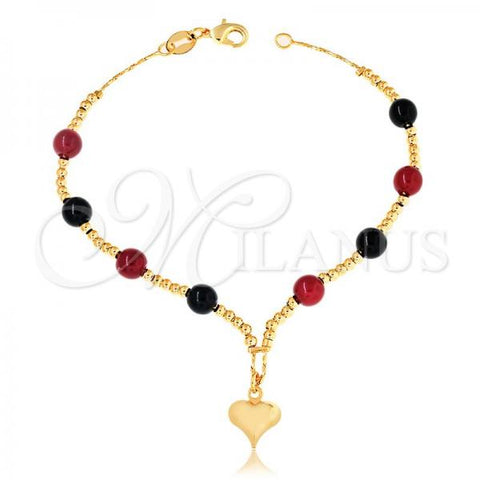 Oro Laminado Charm Bracelet, Gold Filled Style Heart and Ball Design, with Black Azavache and Garnet Pearl, Multicolor Polished, Golden Finish, 03.32.0187.07