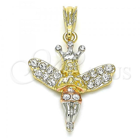 Oro Laminado Religious Pendant, Gold Filled Style Angel and Crown Design, with White Crystal, Polished, Tricolor, 05.380.0135