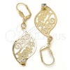 Oro Laminado Dangle Earring, Gold Filled Style Leaf and Flower Design, with White Crystal, Diamond Cutting Finish, Golden Finish, 64.014