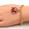 Oro Laminado Charm Bracelet, Gold Filled Style Elephant and Rolo Design, with White Crystal, Red Enamel Finish, Golden Finish, 03.179.0001.1.07