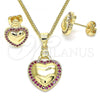 Oro Laminado Earring and Pendant Adult Set, Gold Filled Style Heart Design, with Ruby Micro Pave, Polished, Golden Finish, 10.156.0263.1