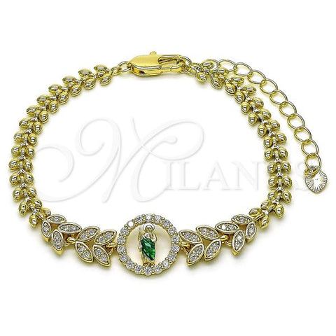Oro Laminado Fancy Bracelet, Gold Filled Style San Judas and Leaf Design, with White Cubic Zirconia, Polished, Tricolor, 03.411.0015.07