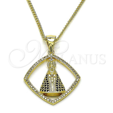 Oro Laminado Pendant Necklace, Gold Filled Style Caridad del Cobre and Cross Design, with White and Sapphire Blue Micro Pave, Polished, Golden Finish, 04.195.0066.18