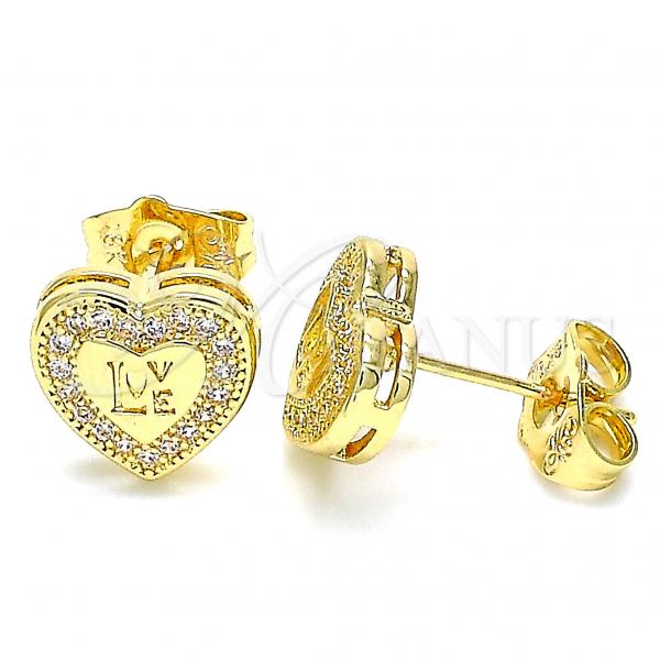 Oro Laminado Stud Earring, Gold Filled Style Heart and Love Design, with White Micro Pave, Polished, Golden Finish, 02.156.0483