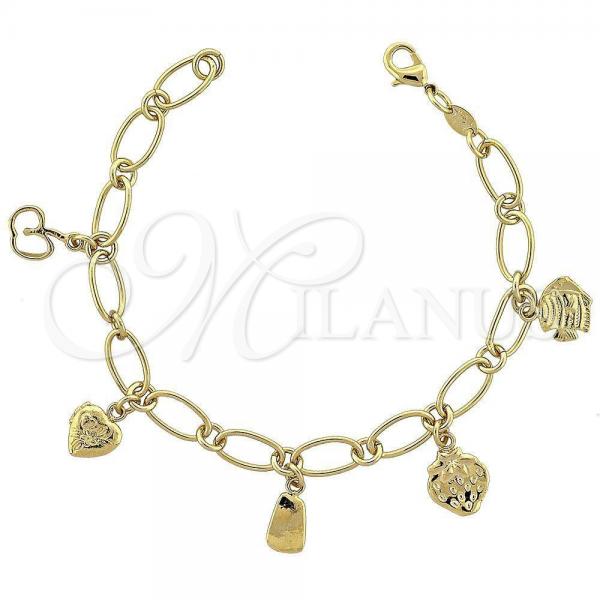 Oro Laminado Charm Bracelet, Gold Filled Style Strawberry and Fish Design, Diamond Cutting Finish, Golden Finish, 5.019.010