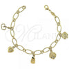 Oro Laminado Charm Bracelet, Gold Filled Style Strawberry and Fish Design, Diamond Cutting Finish, Golden Finish, 5.019.010