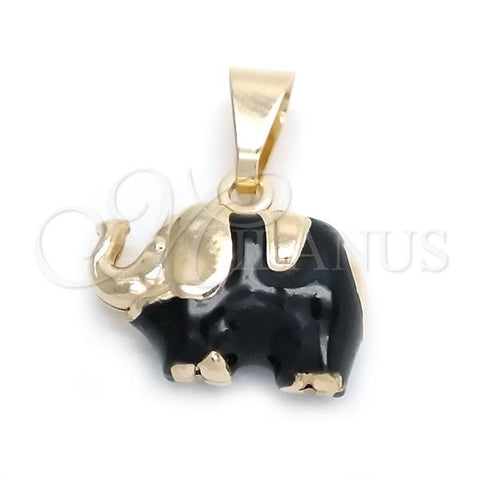 Oro Laminado Fancy Pendant, Gold Filled Style Elephant Design, Black Enamel Finish, Golden Finish, 05.58.0008