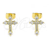 Oro Laminado Stud Earring, Gold Filled Style Cross Design, with White Micro Pave, Polished, Golden Finish, 02.344.0109