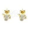 Oro Laminado Stud Earring, Gold Filled Style with White Micro Pave, Polished, Golden Finish, 02.342.0146