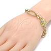 Oro Laminado Fancy Bracelet, Gold Filled Style Flower and Star Design, with White Crystal, Multicolor Enamel Finish, Golden Finish, 03.59.0069.08
