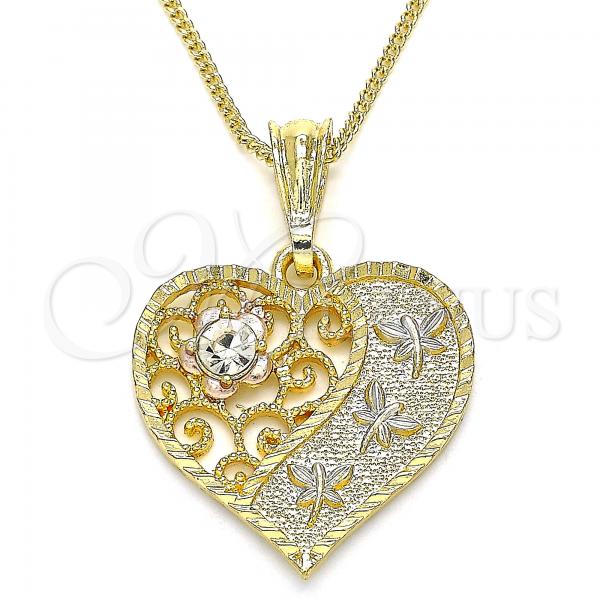 Oro Laminado Pendant Necklace, Gold Filled Style Heart and Dragon-Fly Design, with White Crystal, Polished, Tricolor, 04.351.0019.1.20
