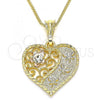 Oro Laminado Pendant Necklace, Gold Filled Style Heart and Dragon-Fly Design, with White Crystal, Polished, Tricolor, 04.351.0019.1.20