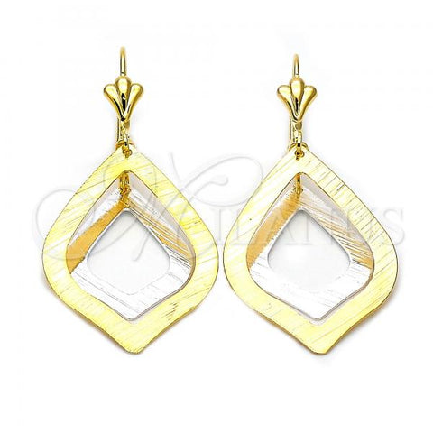 Oro Laminado Long Earring, Gold Filled Style Teardrop Design, Brushed Finish, Tricolor, 72.004