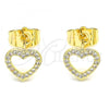 Oro Laminado Stud Earring, Gold Filled Style Heart Design, with White Micro Pave, Polished, Golden Finish, 02.233.0049