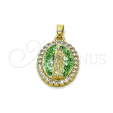 Oro Laminado Religious Pendant, Gold Filled Style Guadalupe Design, with White Cubic Zirconia, Green Enamel Finish, Golden Finish, 05.284.0019.3