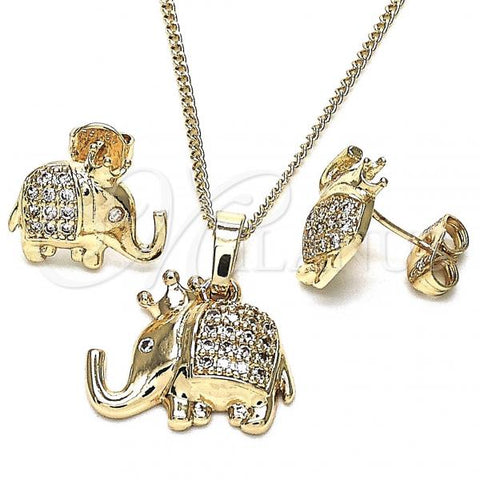 Oro Laminado Earring and Pendant Adult Set, Gold Filled Style Elephant Design, with White Micro Pave, Polished, Golden Finish, 10.26.0022.2