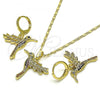 Oro Laminado Earring and Pendant Adult Set, Gold Filled Style Bird Design, with Multicolor Micro Pave, Polished, Golden Finish, 10.196.0063