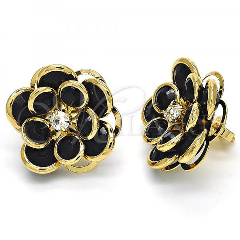 Oro Laminado Stud Earring, Gold Filled Style Flower Design, with Black and White Crystal, Polished, Golden Finish, 02.64.0641.4