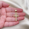 Oro Laminado Religious Pendant, Gold Filled Style Cross Design, with White Micro Pave, Polished, Golden Finish, 05.342.0088