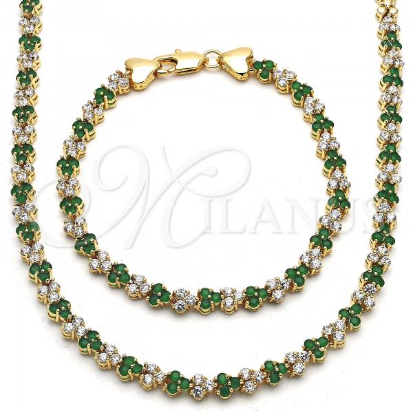 Oro Laminado Necklace and Bracelet, Gold Filled Style with Green and White Cubic Zirconia, Polished, Golden Finish, 06.284.0013.1