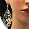 Oro Laminado Dangle Earring, Gold Filled Style Leaf and Bird Design, with White Crystal, Diamond Cutting Finish, Golden Finish, 61.003