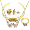 Oro Laminado Necklace, Bracelet, Earring and Ring, Gold Filled Style Butterfly Design, Red Enamel Finish, Golden Finish, 06.361.0031
