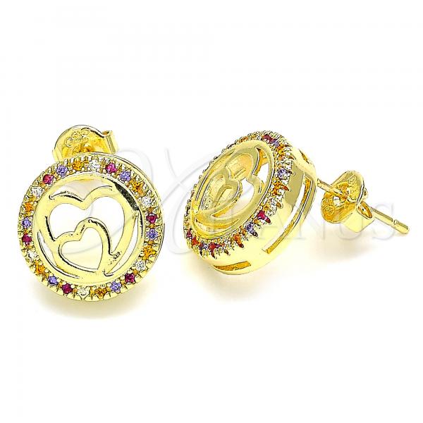 Oro Laminado Stud Earring, Gold Filled Style Heart Design, with Multicolor Micro Pave, Polished, Golden Finish, 02.156.0474.3