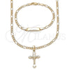 Oro Laminado Necklace and Bracelet, Gold Filled Style Crucifix and Miami Cuban Design, Polished, Golden Finish, 06.63.0279